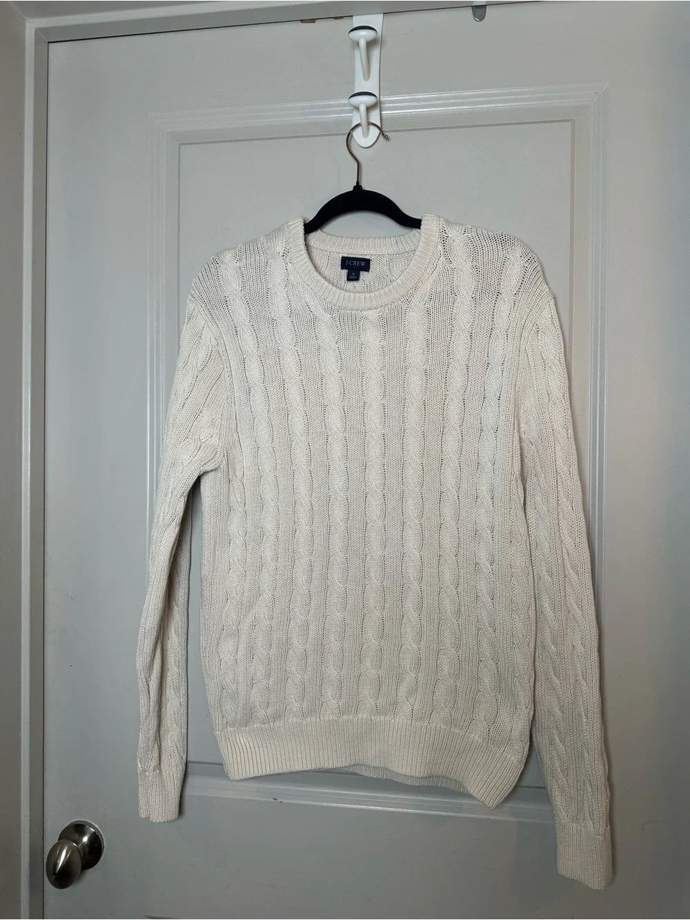 J.Crew Cableknit Cotton Fisherman Cotton Crew Neck Cream Classic Sweater, Small